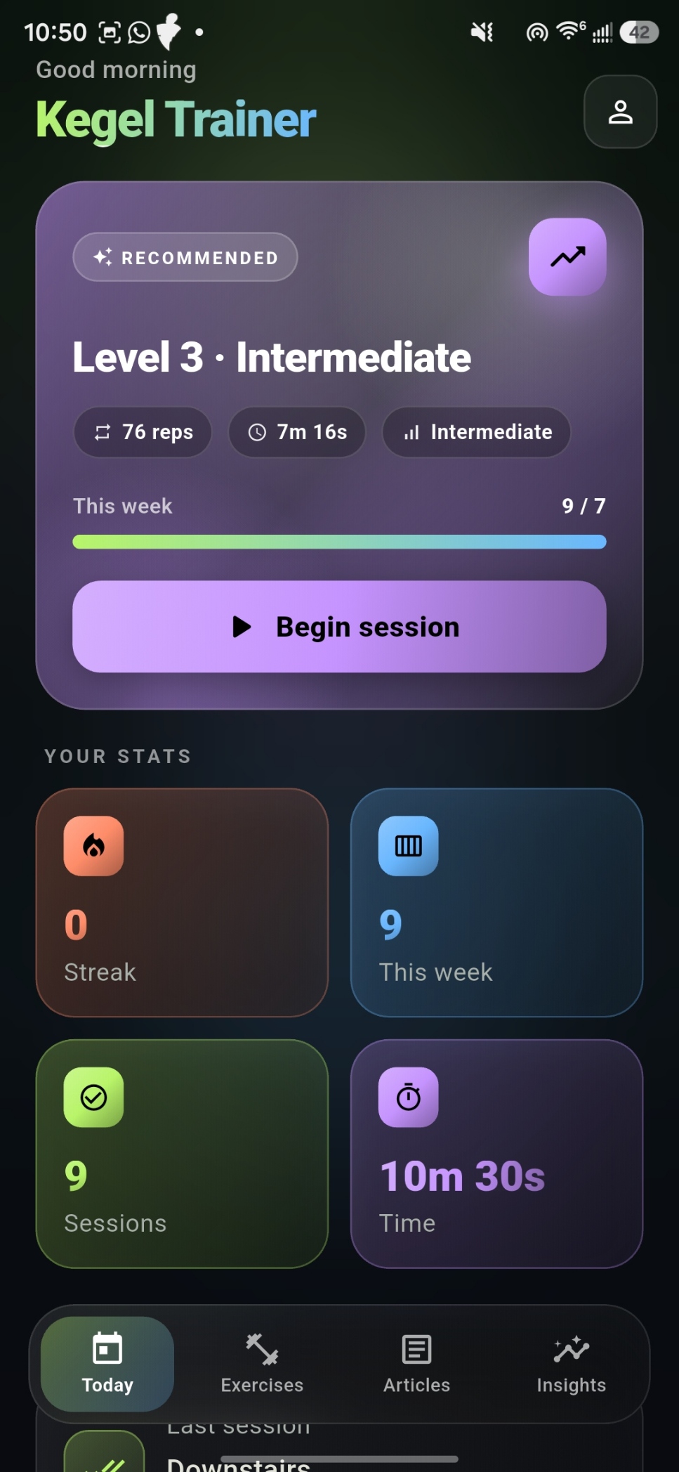 KegelTrainerPro Today screen with a recommended Level 3 Intermediate routine, weekly progress, and training stats.