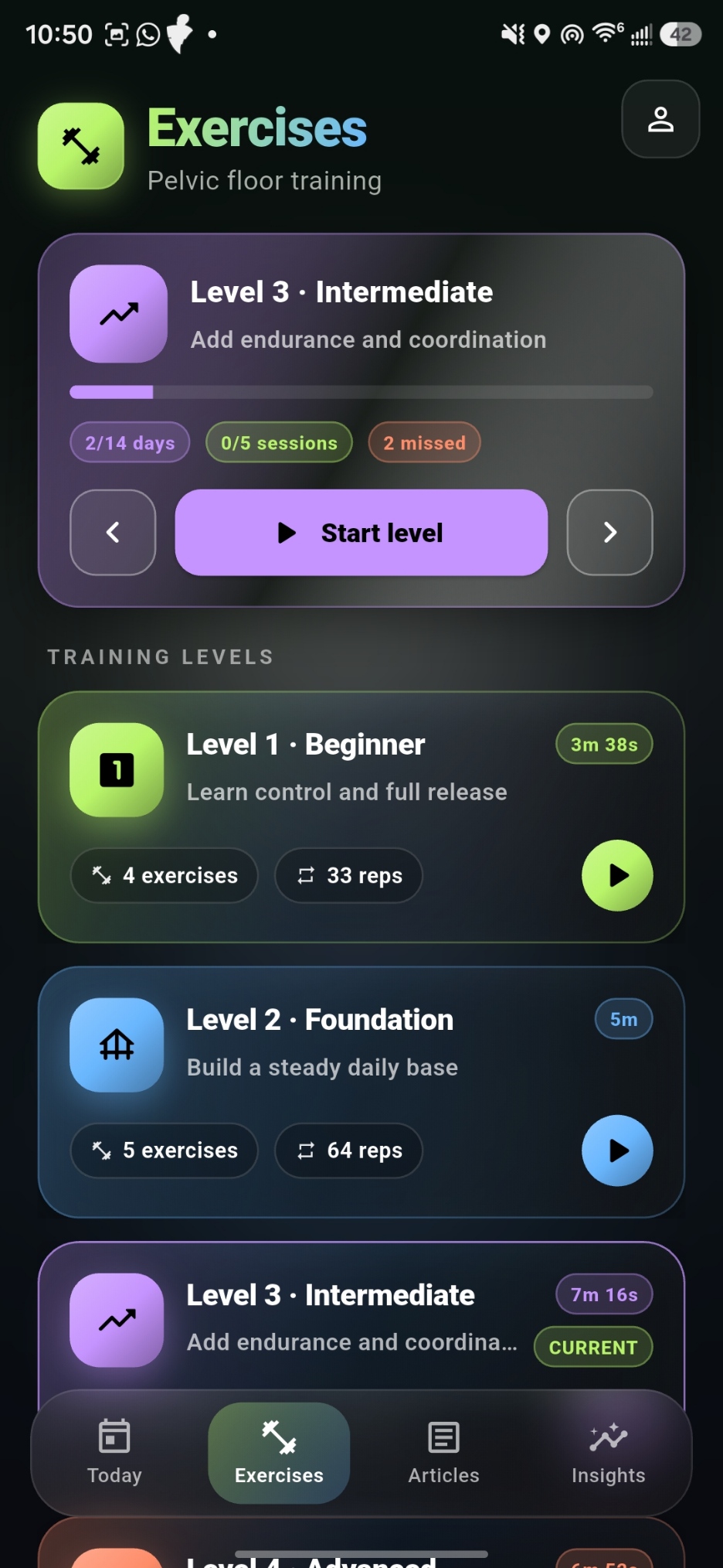 KegelTrainerPro Exercises screen showing beginner to advanced training levels.