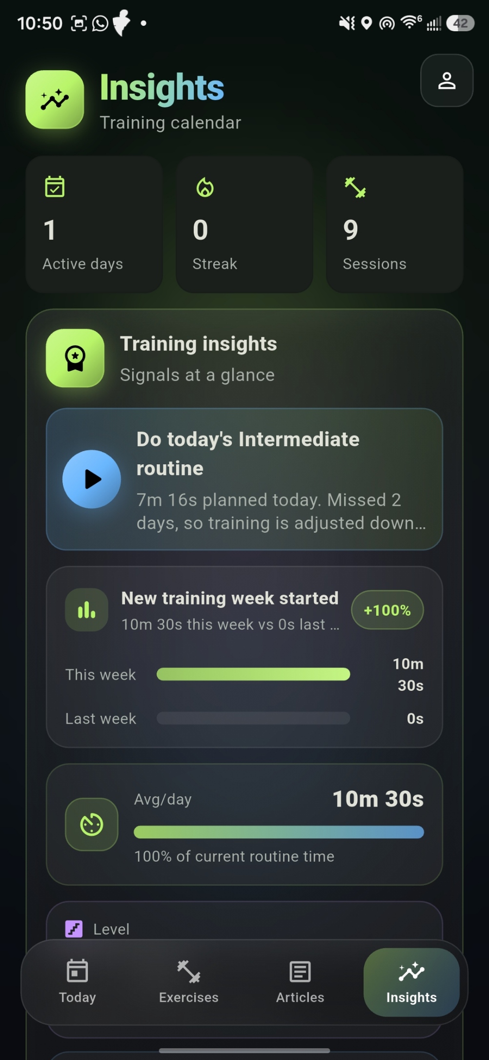 KegelTrainerPro Insights screen with training signals and weekly progress.