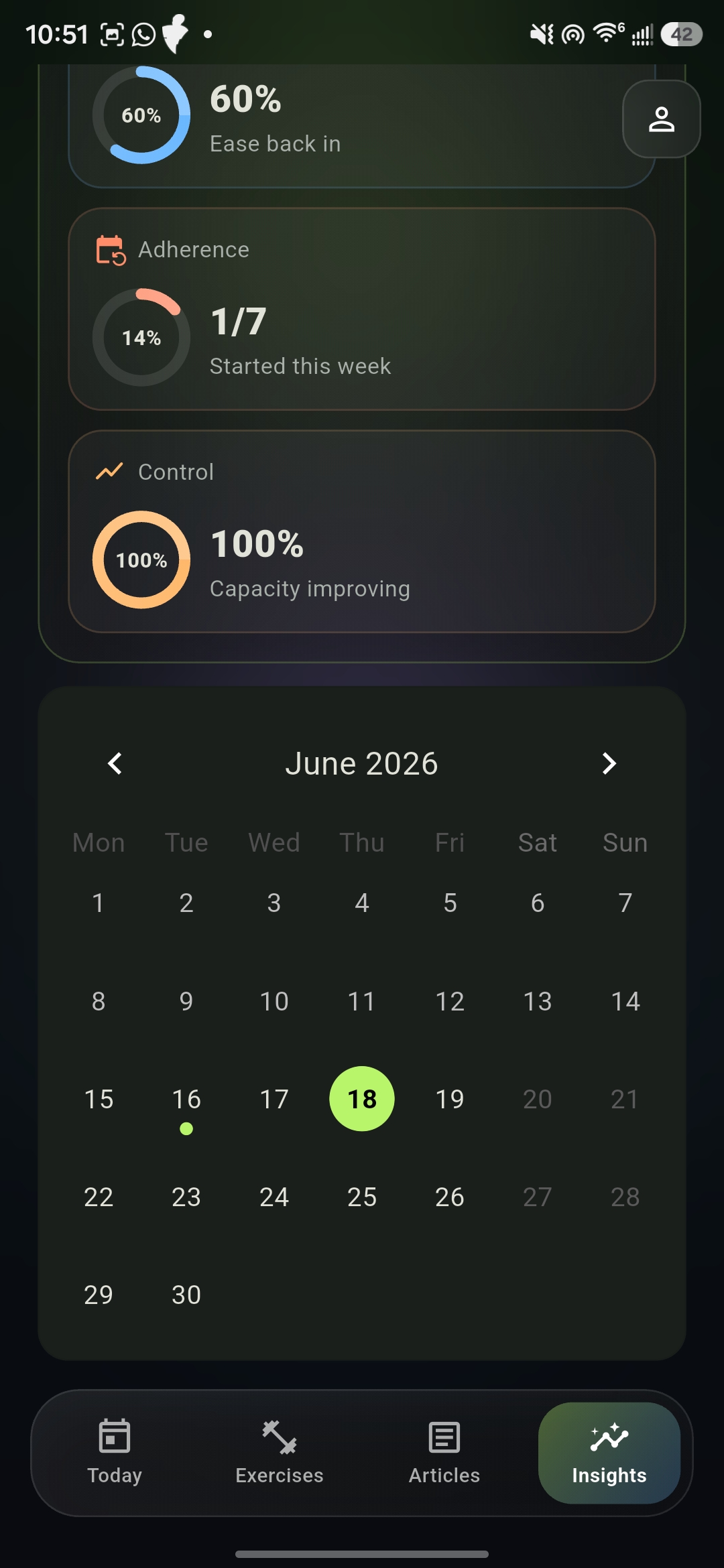 Training calendar with adherence and control rings.