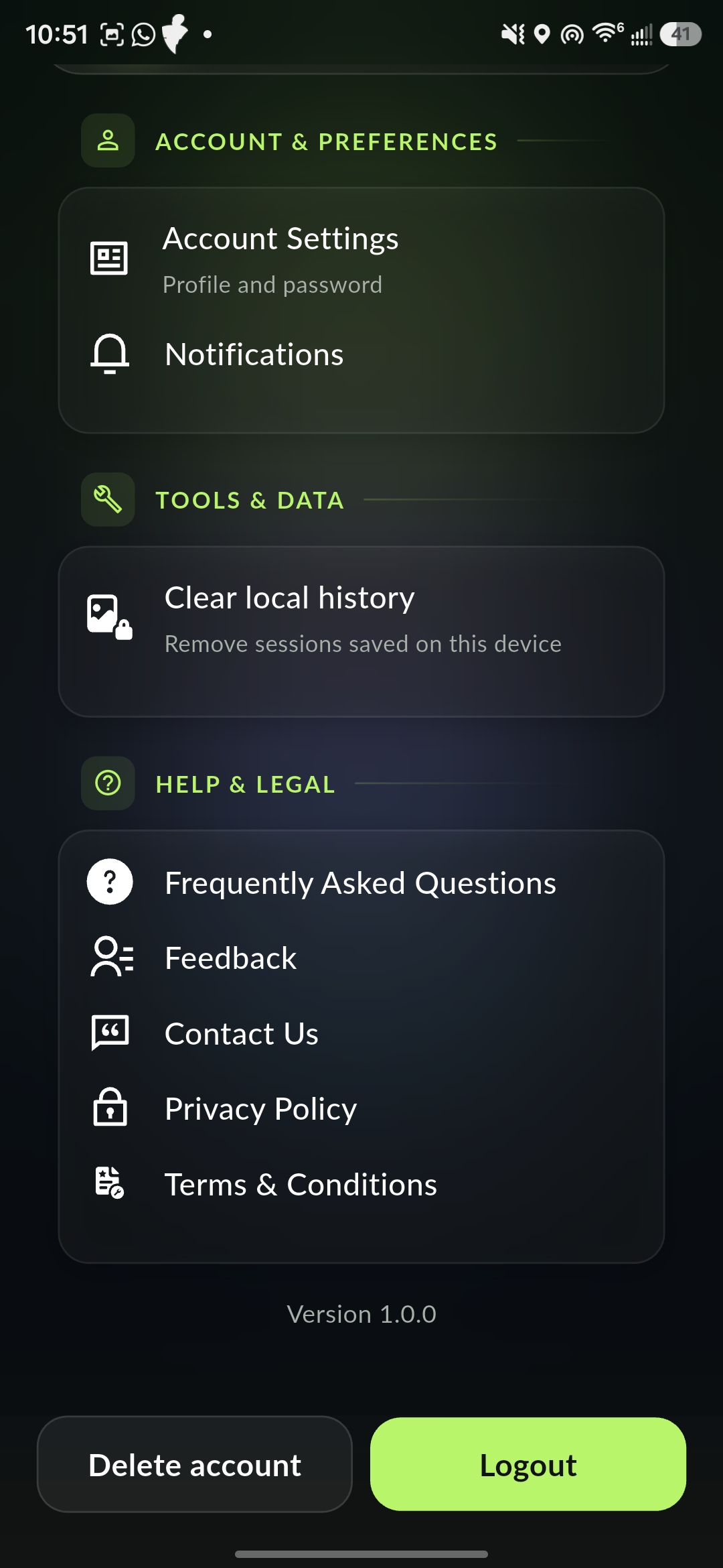 Account screen with settings, data tools, and legal links.